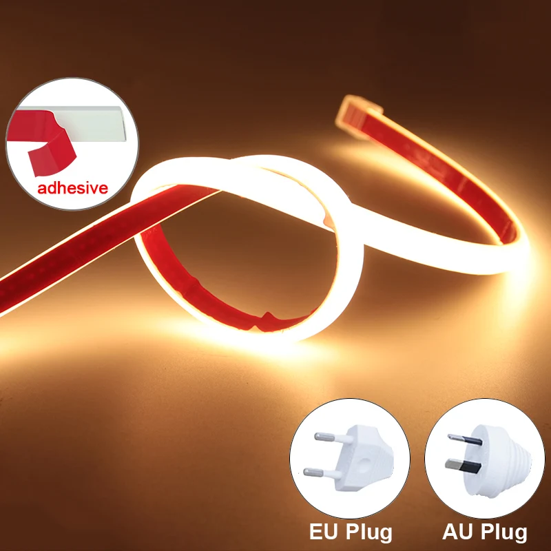 

EU/AU Power Plug 220V COB LED Strip Light Adhesive Tape High Bright Flexible Ribbon Waterproof for Outdoor Lighting Decoration