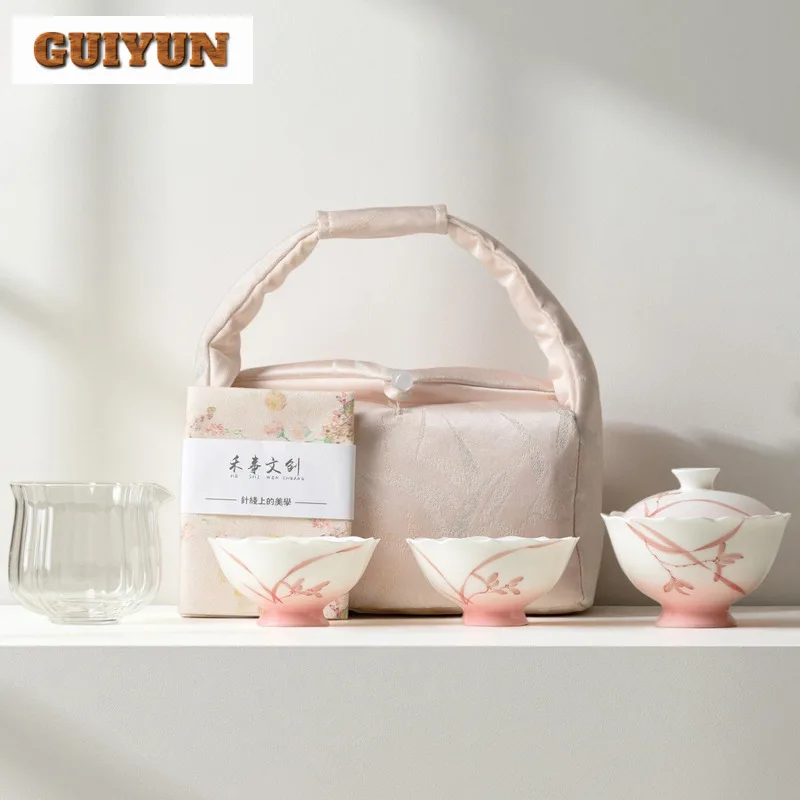 

Ручная роспись градиентная орхидея дорожный чайный сервиз комплект элегантный 1 чаша 2 чашки органайзер для приготовления чая портативная уличная коллекция сумок