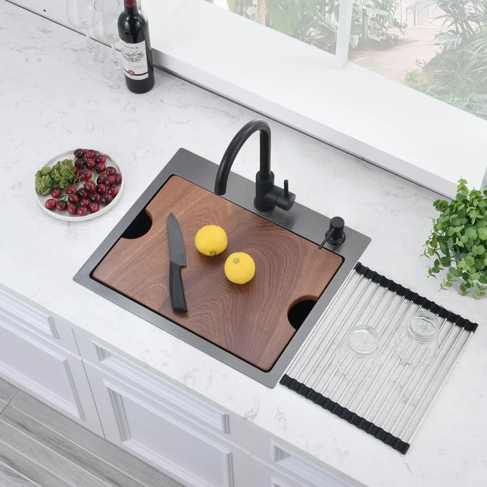 حوض المطبخ من الفولاذ المقاوم للصدأ للاستخدام RV والخارجي، 20 × 17 بوصة، حامل علوي، وعاء واحد، 16 مقياس، تصميم أسود منسدل