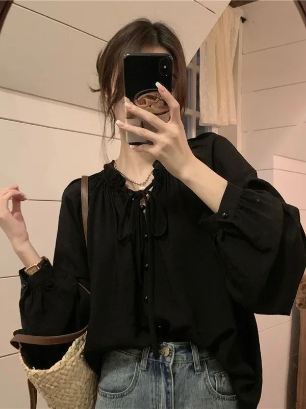 

Black Bubble Lantern Sleeve round Neck Shirt Unique High-End Feeling Lazy Style Long Sleeve Summer Top Women's Loose Fit Brea...