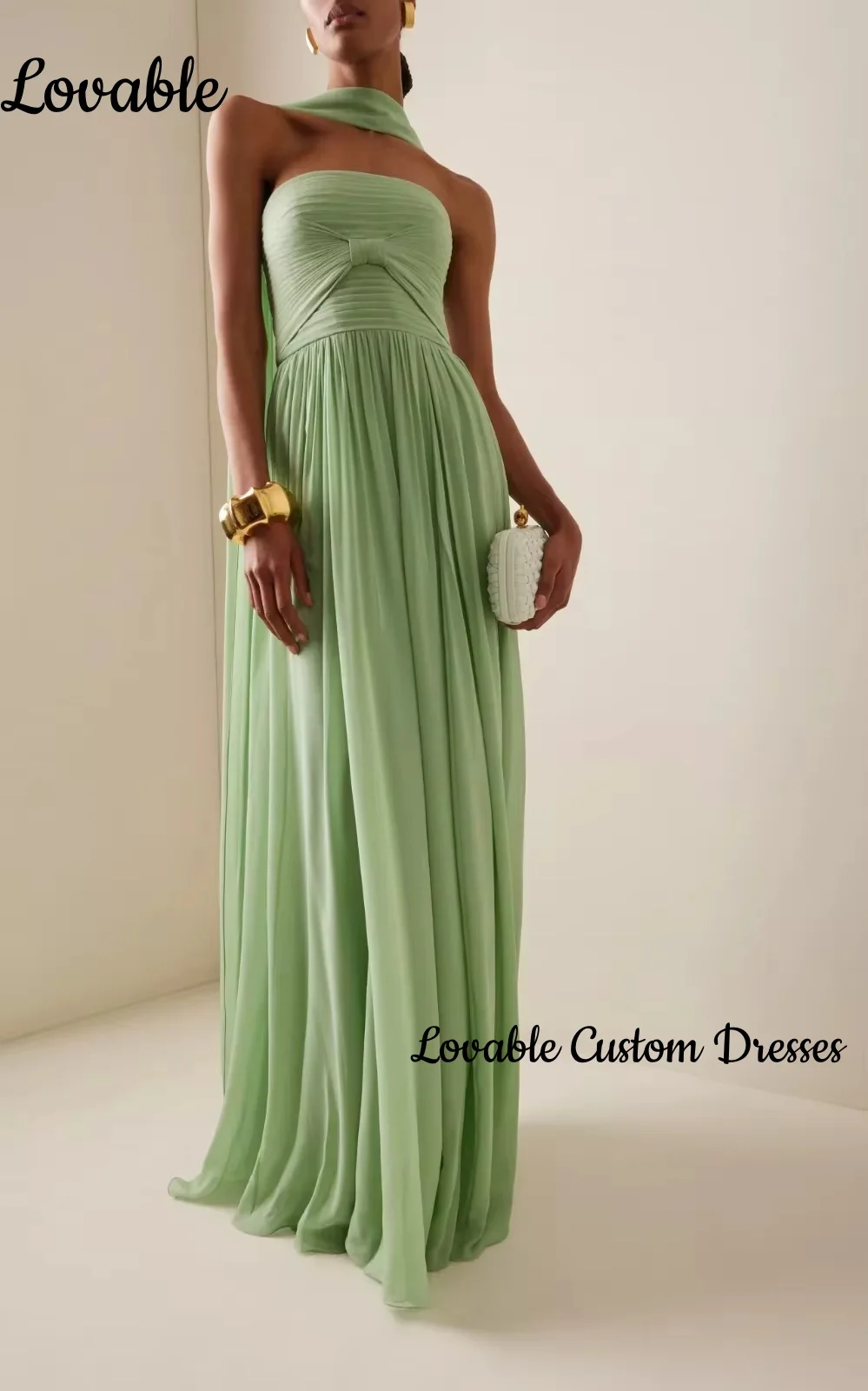 맞춤형 민소매 그린 럭셔리 드레스 이브닝 A라인 스트랩리스 우아한 여성용 드레스 플로어 길이 러플 드레스