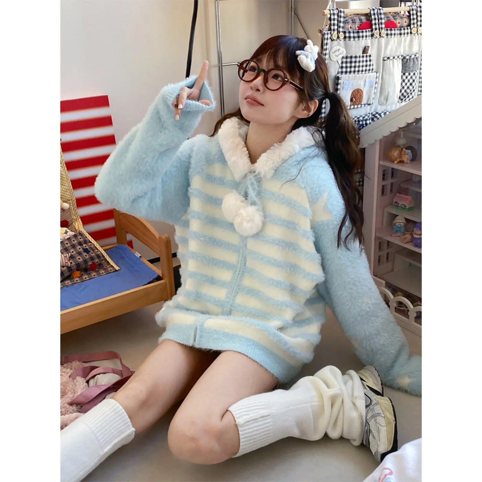 

Striped Hooded Cardigans Sweater Women Autumn Winter New Imitation Mink Fur Star Ball Jackets Gentle Kawaii Clothes