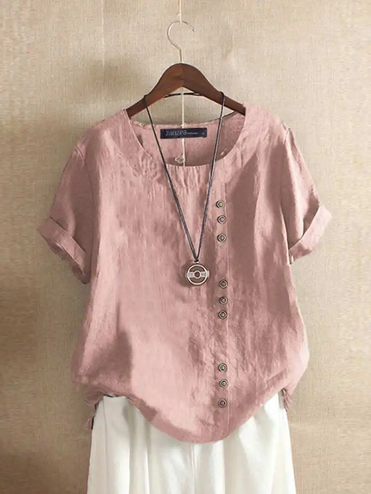 ZANZEA Women Summer Short Sleeve Blouse Vinatge Cotton Shirt Casual Loose Buttons Tops Femininas Blusas Work Top OL Chemise