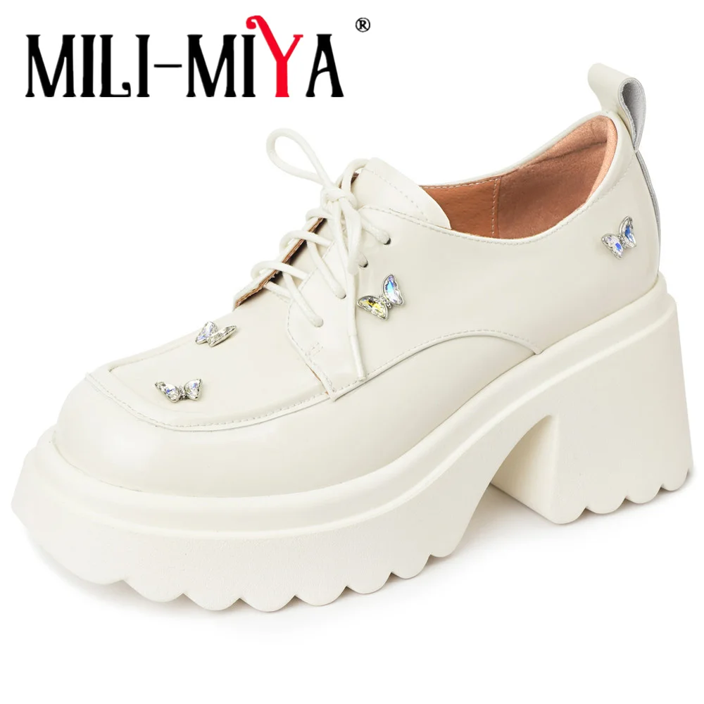 

MILI-MIYA New Arrival Butterfly Diamond Fastener Decoration Women Cow Leather Lace Up Pumps Thick Heels Round Toe Handmade