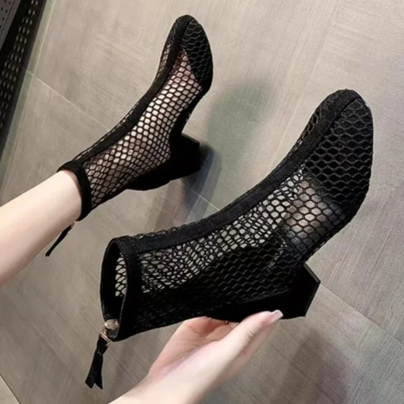 2024 New Air Mesh Net Bling Women Shoes Summer Ankle Boots Thin High Heels Sexy Sandal Chelsea Boots Female