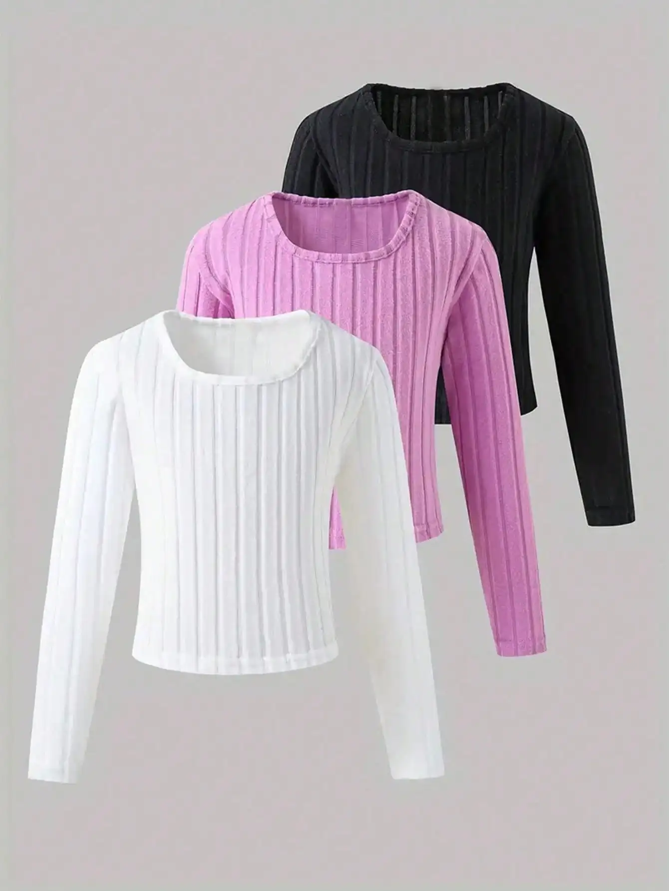 3-piece girls' comfortable wool lined long sleeved round neck T-shirt, popular style, suitable for daily travel