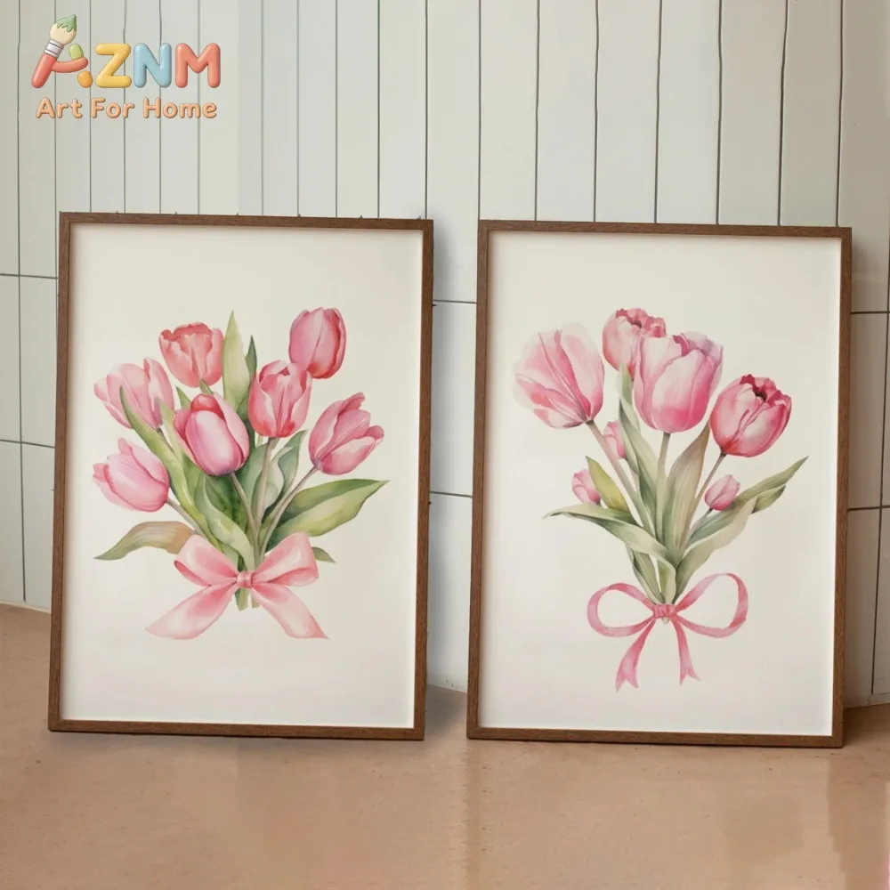 Tulip Duo Artwork, Pink Bow Wall Decoration, Pink Interior Design, Frameless Watercolor Wall Art, Living Room Bedroom Decoration