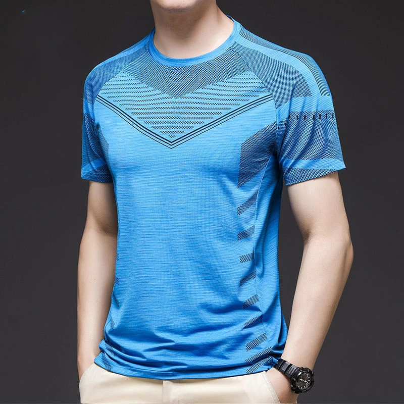 Trend Fashion Versatile Summer New Ice Silk Men's O-Neck Jacquard Weave Contrast Color Casual Short Sleeve Slim T-Shirts Tops