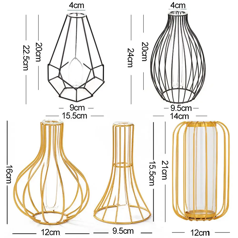 Retro Iron Art Vase Nordic Wrought Iron Glass Vase Black Gold Colors Hydroponic Flower Vase Geometric Line Frame Home Decoration