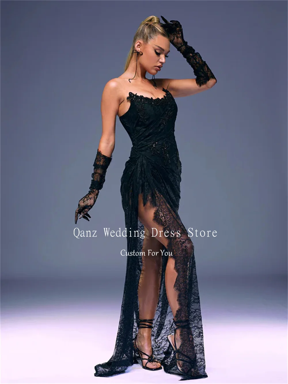 Qanz Black Lace Evening Dresses Overskirts See Through Party Dresses Mermaid High Leg Slit OpenBack Robes De Soirée Customized