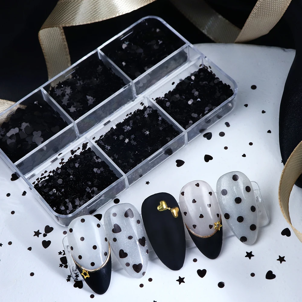 อุปกรณ์ตกแต่งเล็บแบบกลิตเตอร์สีดำขนาดเล็ก รูปหัวใจ ดาว วงกลม สำหรับทำเล็บสไตล์ดาร์ก DIY