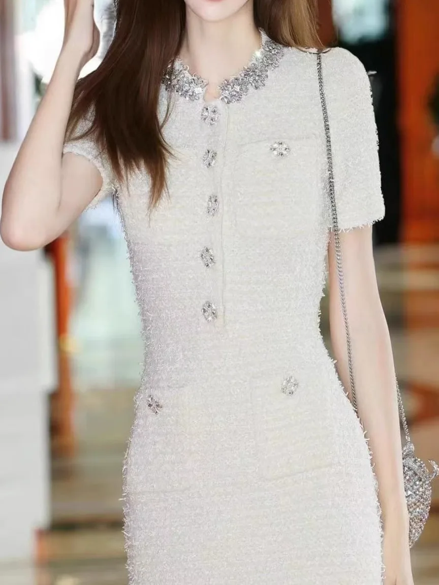 

Elegant Short Dress with Heavy Rhinestone Decor round Neck Texture Tweed Slimming High Waist Knitted A-Line Skirt for Women
