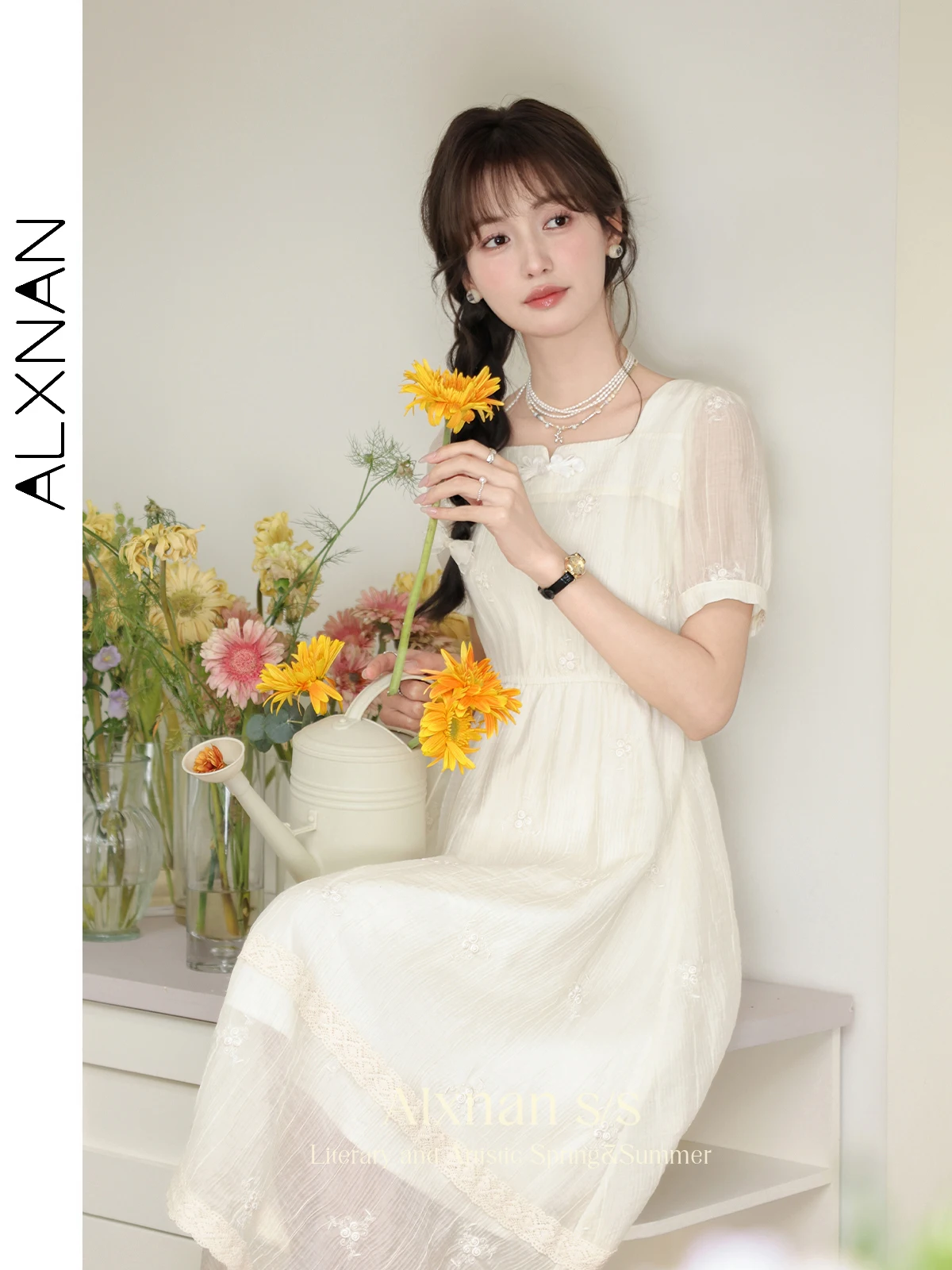 ALXNAN Women's Summer Dresses 2024 Elegant ChicTextured Embroidery Chinese Style Elastic Waist Long Dress Female Clothing L35511