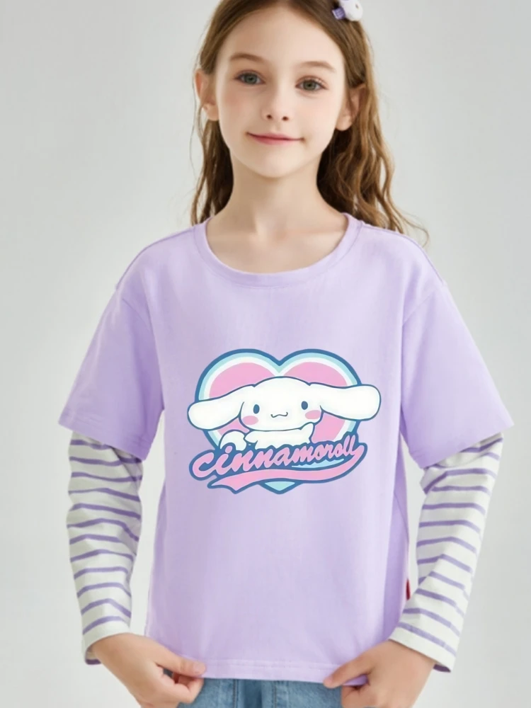 

Sanrio Autumn Baby Girls Cotton Clothes Kid Cinnamoroll Printed Pullover Children Fake 2 Pieces Stripe Long Sleeve T-shirts Top