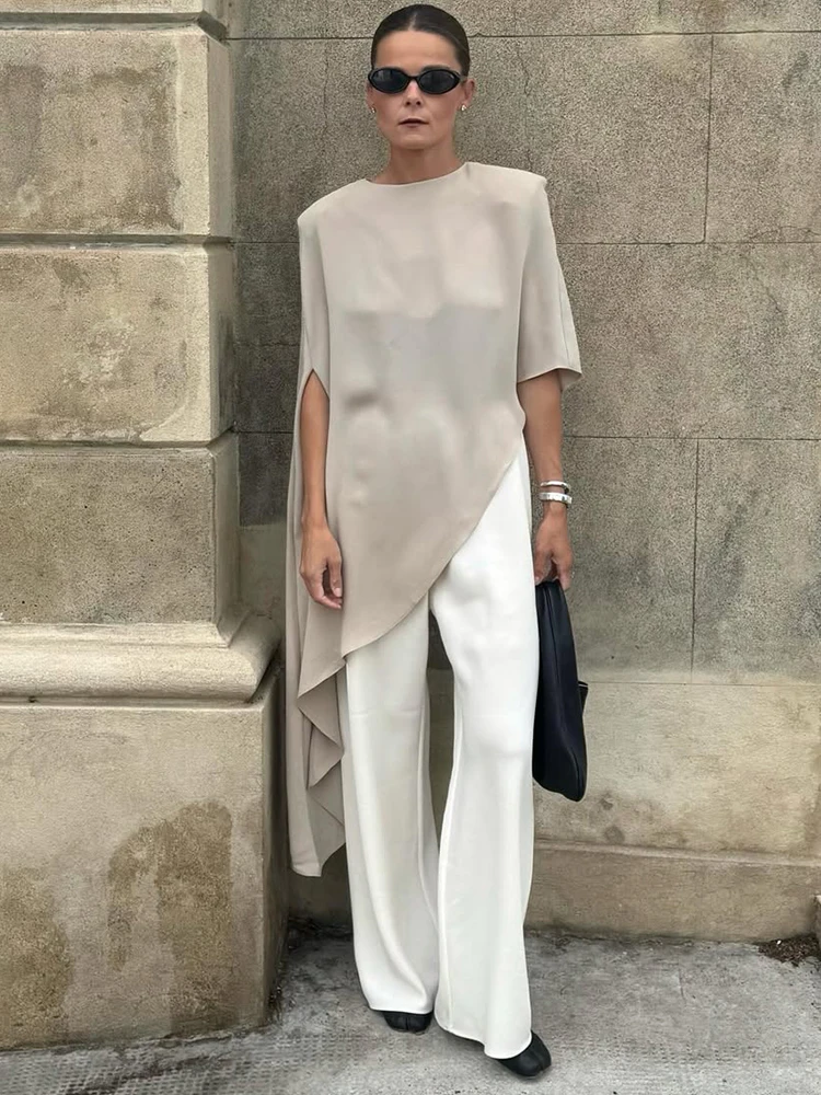 Trendix White Asymmetrical Cover Up For Women Fashion Ruffle Hem Loose Short Sleeve Shirts Casual Elegant Commuting Pullover Top