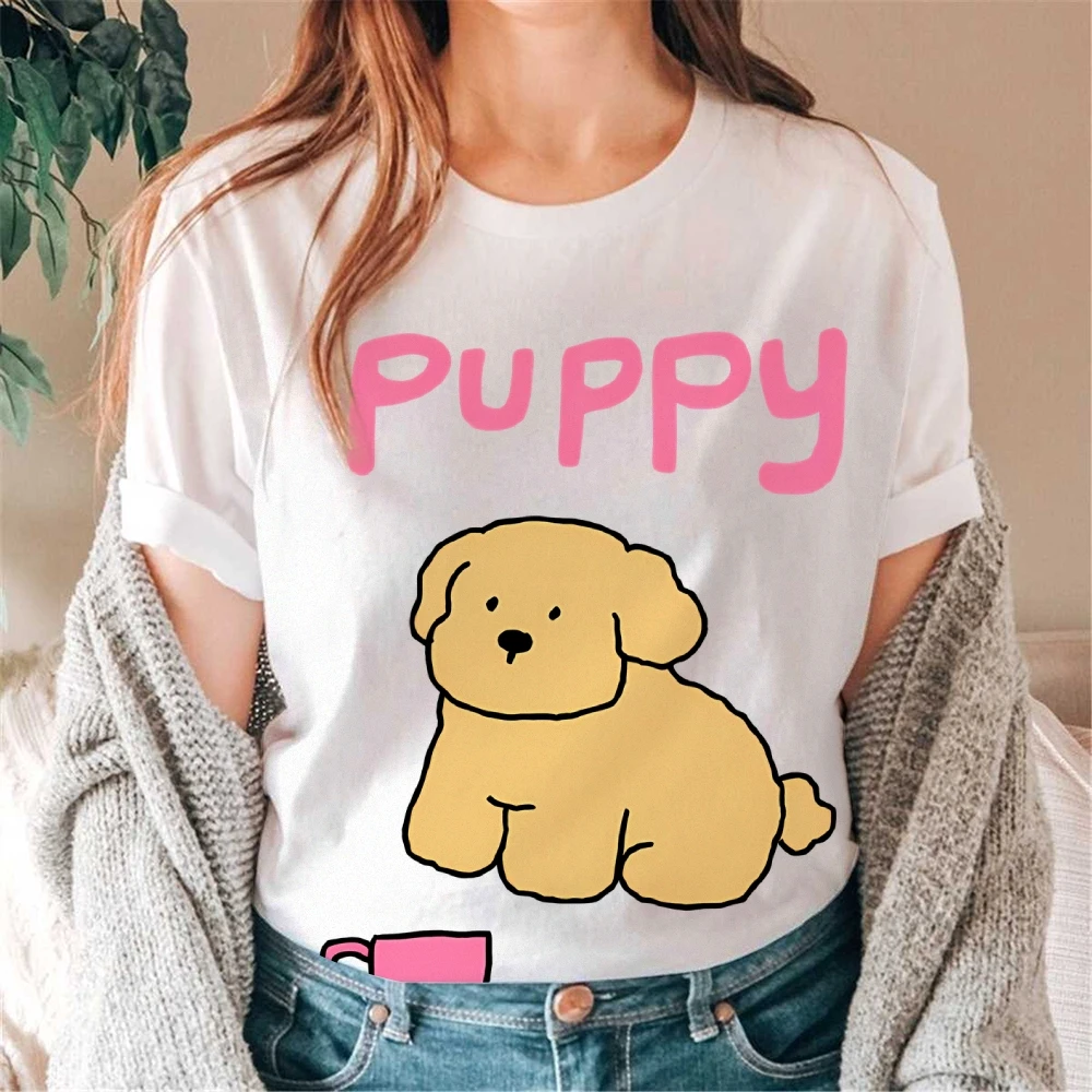 

Hot Sale Cotton Casual T-Shirt Casual Lounge Women's Tee Beige Short Sleeve Soft Cotton for Homewear Cute puppy cartoon pattern
