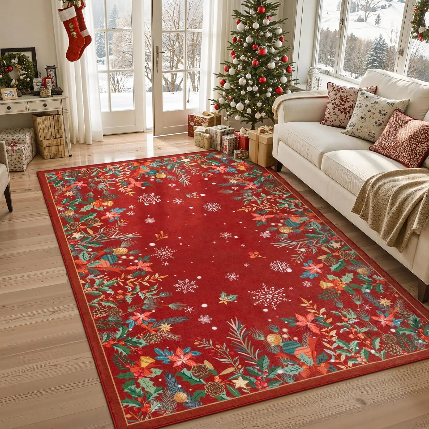 Red Botanical Area Rugs for Living Room, Non-Slip Soft Rug for Bedroom, Low Pile Snowflake Holiday Decor Rugs Carpet for Dining