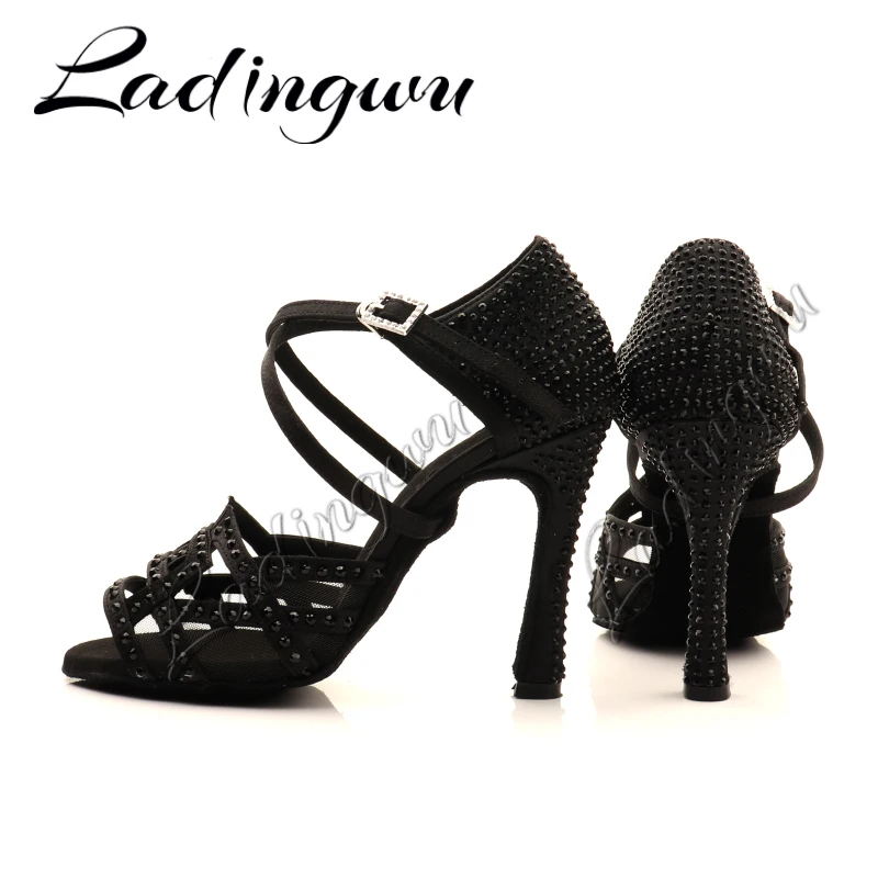 Ladingwu Dance Shoes Latin Women Rhinestone Salsa Shoes Dance Ballroom Party Profession Dance Shoes Women Heels 10cm Satin Black