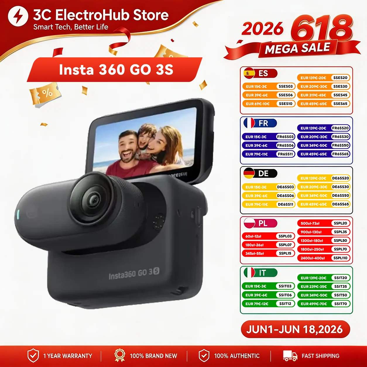 Insta360 GO 3S 128GB(Officiellement remis à neuf) – Caméra Vlog Mini 4K, POV mains libres, Fixation Universelle, Stabilisation