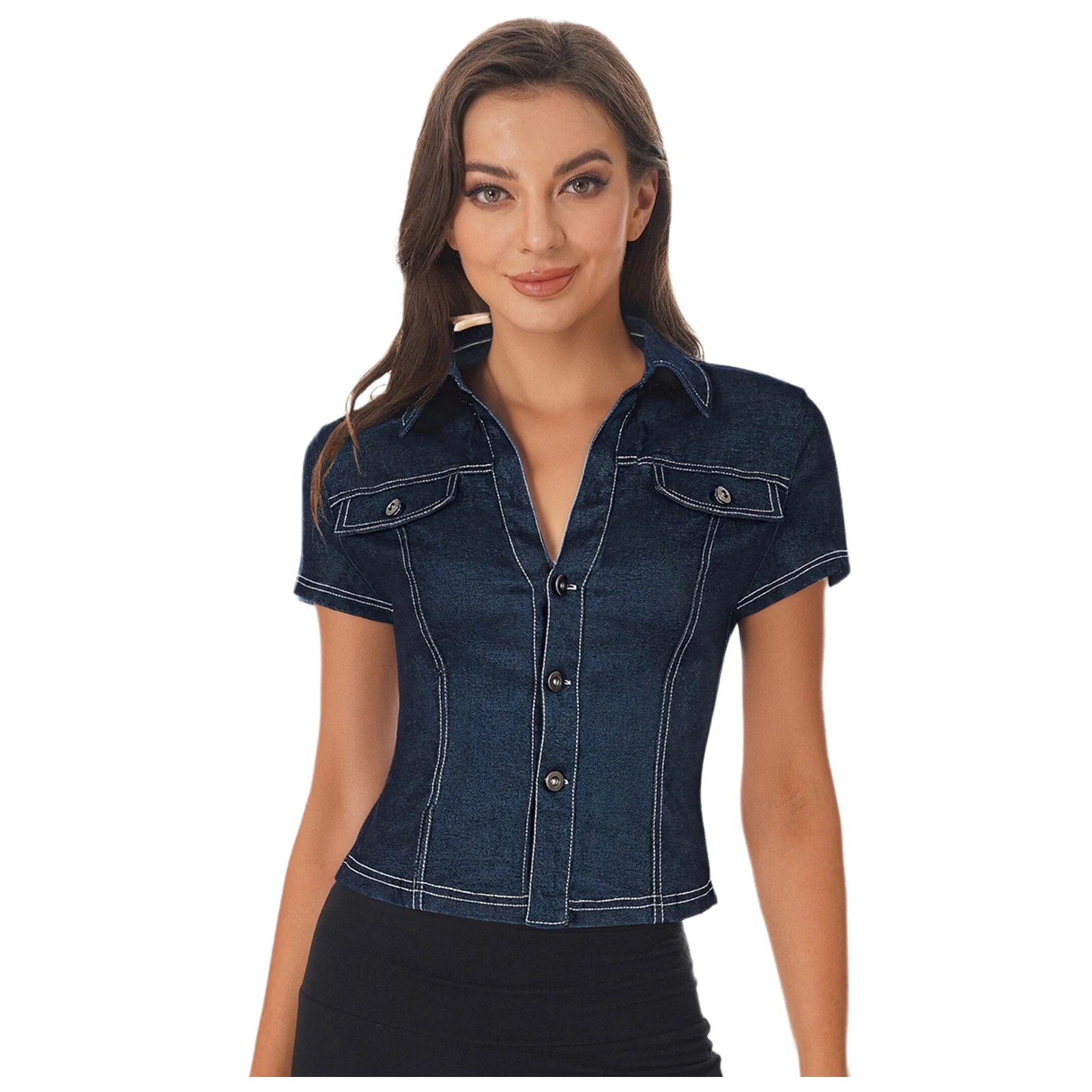 

Women Casual Slim Shirt Tops Fashion Short Sleeve Long Sleeve Lapel V Neck Front Button-down Cardigan Blouse for Vacation Office