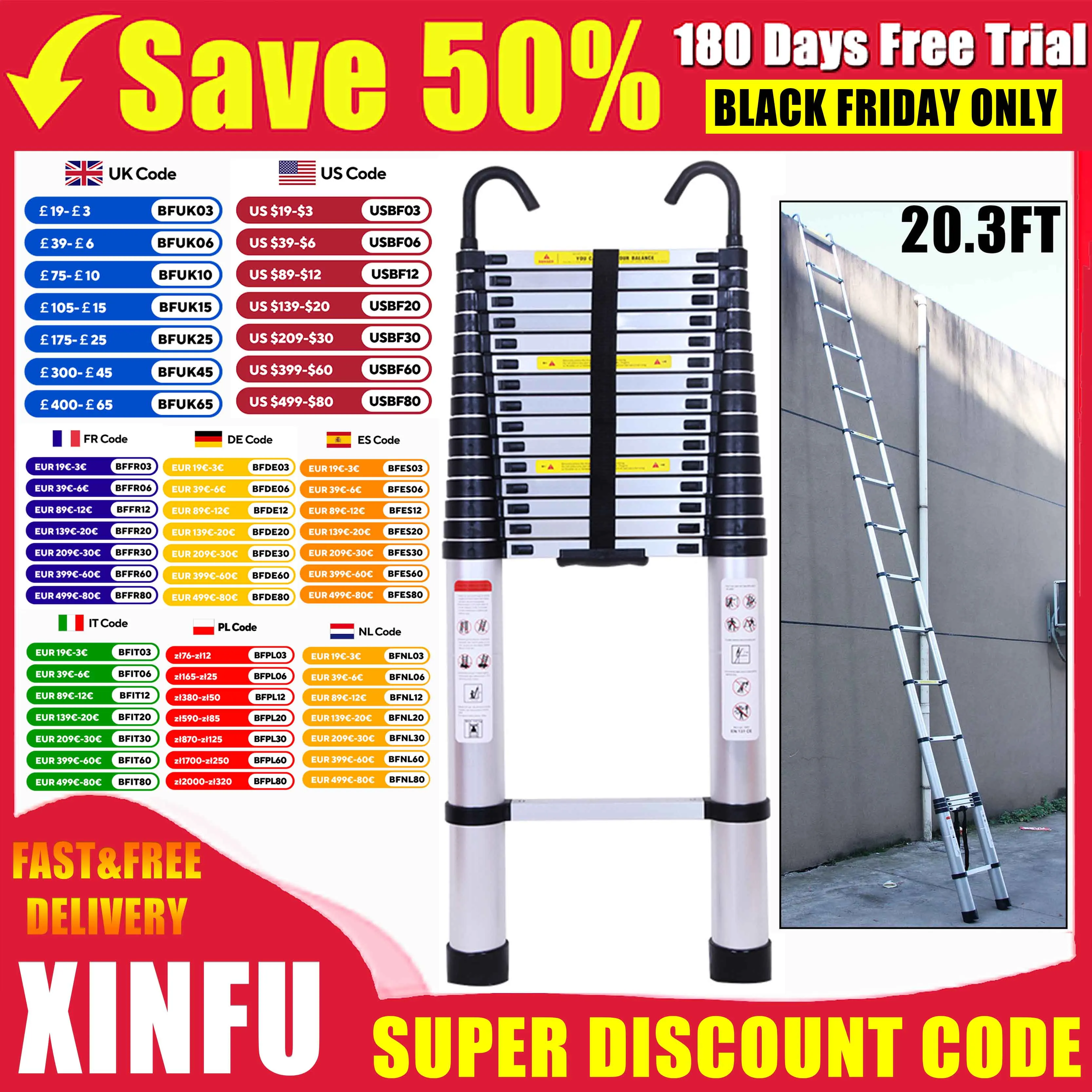 

6.2m/20.3ft Heavy Duty Telescopic Ladder with Removable Hook Aluminum Folding ladder Non-slip fixed extendable Sturdy 15 Steps