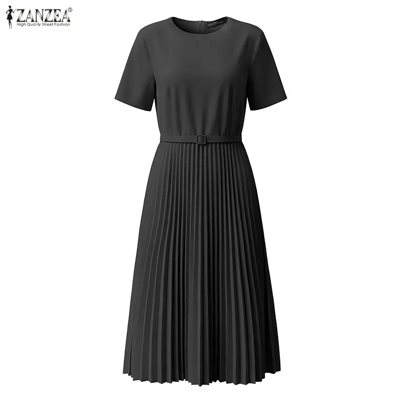 ZANZEA Damen-Kleid, elegant, schick, plissiert, Midikleid, Sommerkleid, stilvoll, O-Ausschnitt, kurzärmelig, A-Linie, OL-Arbeitskleider, einfarbig, Vestidos – Detail 17