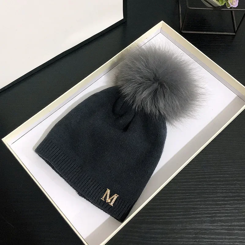 Fashion Women's Winter Knitted Fur Beanie Hats With Real fox Fur Pompoms Caps Ear Protect Causal Fur Hats For Women