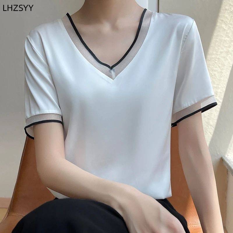 

LHZSYY Summer New Silk Short-Sleeved T-Shirt Ladies V-Neck Color Matching Loose Silkworm Satin Tops Fashion Mesh Bottoming Shirt