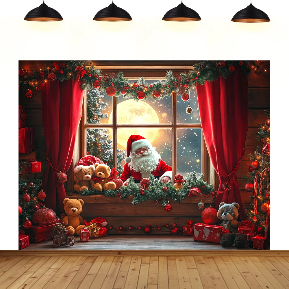

Christmas Theme window decoration Christmas tree snow scenery winter Christmas Eve bear gift photography booth photo backdrop