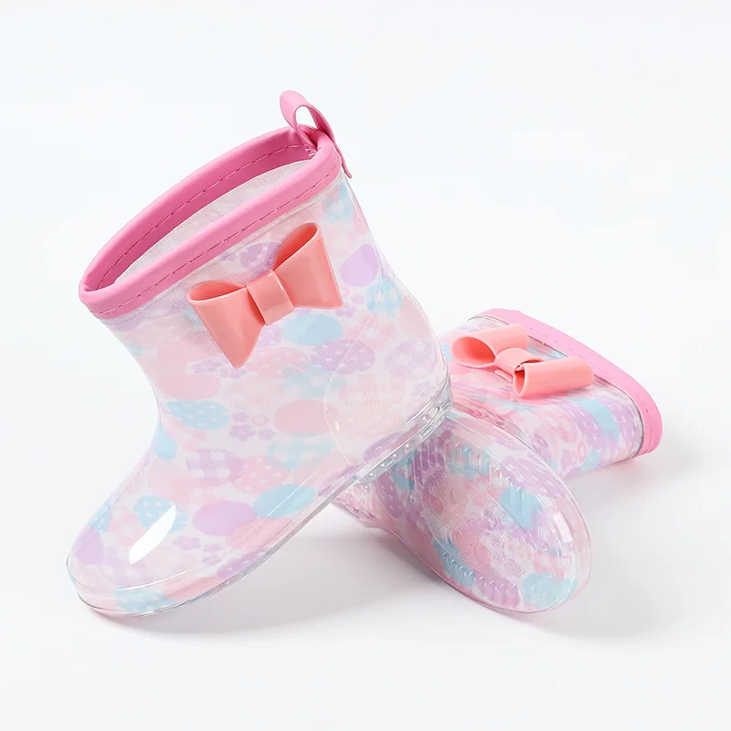 

New Boys Girls Cartoon PVC Rain Boots Waterproof Kids Bowtie Rainboots Non-slip Children Water Shoes For Rainy Days