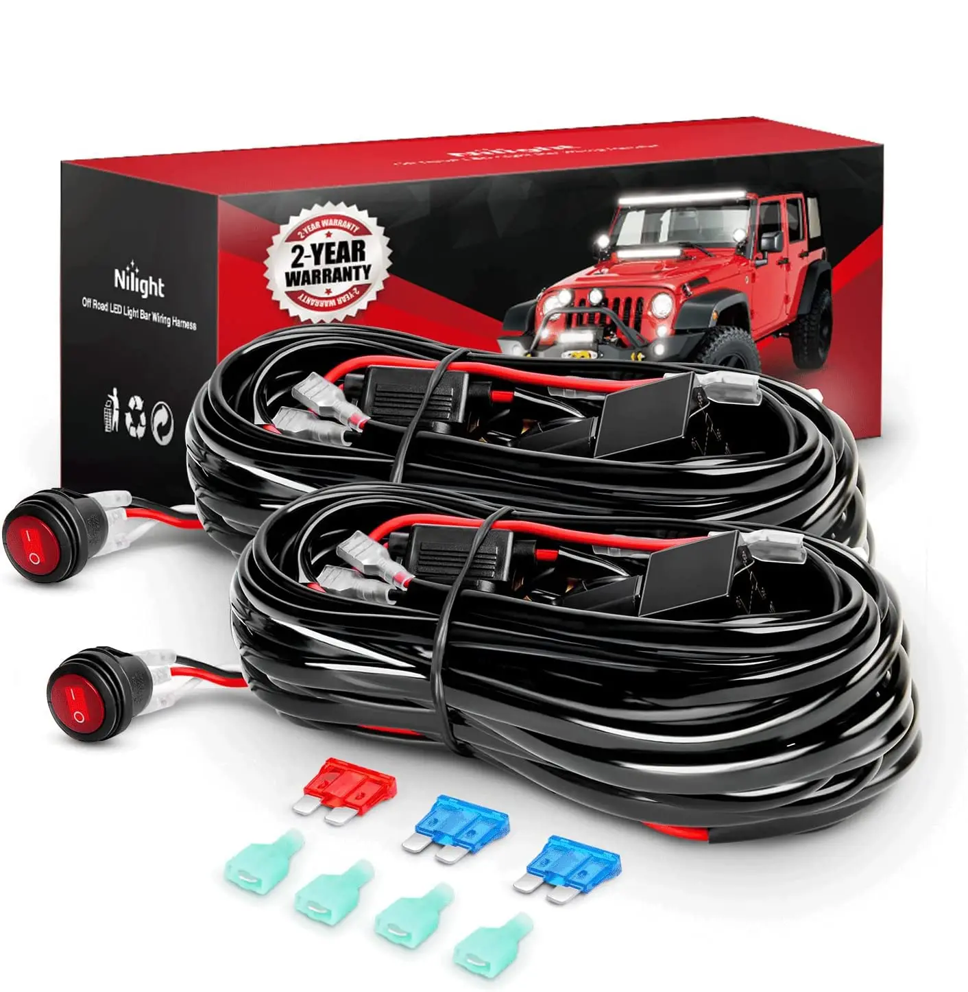 Nilight 2PCS 16AWG LED Light Bar Wiring Harness Kit - 2 Leads 12V On Off Switch Power Relay Blade Fuse for Off Road Lights LED Work Light,
