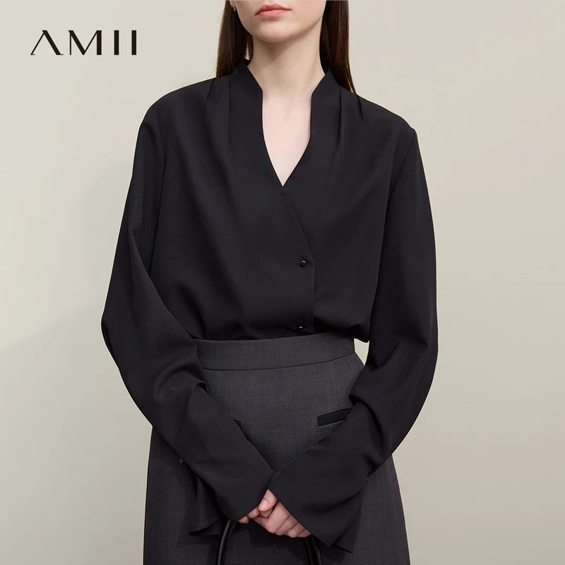 Amii Elegant Women's Blouse 2026 Autumn New V-Neck Pleated Flared Sleeve Chiffon Shirt Women's Loose Long Sleeve Top 12641070
