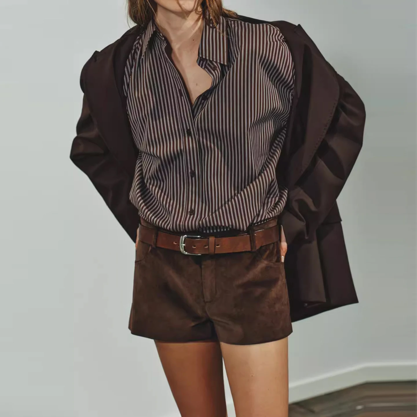 Z レディース ルーズ ロング スリーブ スタンドカラー マルチブルー カジュアル スタイル 2025 新作 秋 薄手 ストライプ柄