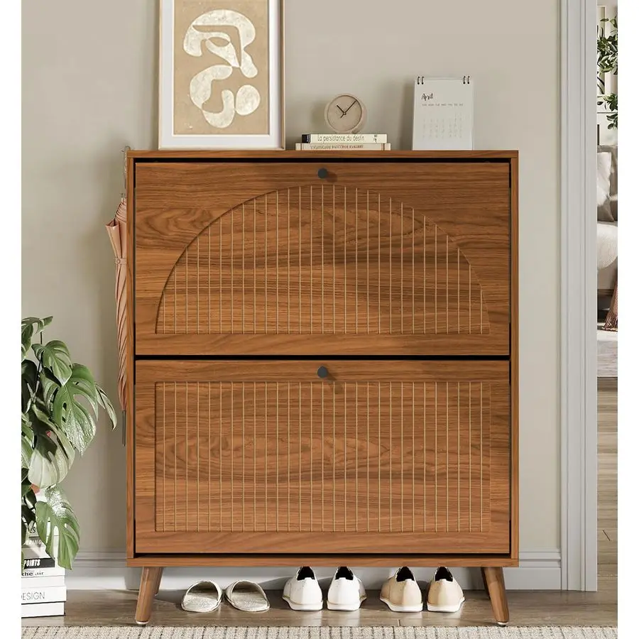 

Storage Cabinet for Entryway with 2 Flip Drawers, Narrow Wood Shoe Cabinet with Fluted Panel, Freestanding Hidden S Customizable
