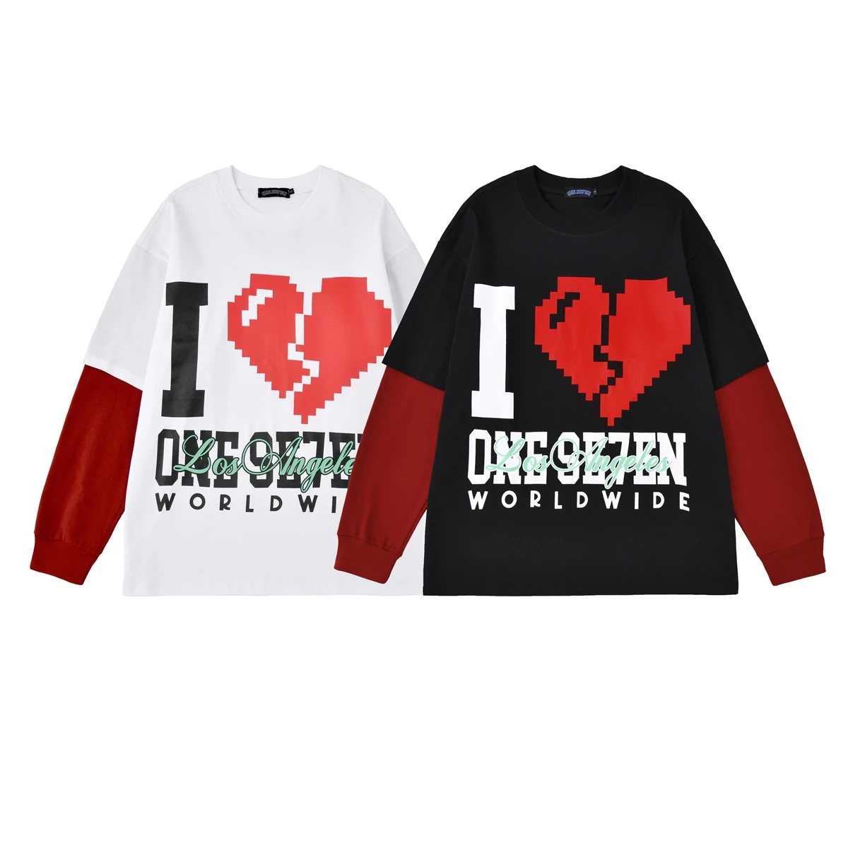 Fashionble Fake Two Items Design Black White Splicing Long Sleeve T-shirt Men Women Tear Red Heart Print Round Neck T Shirt