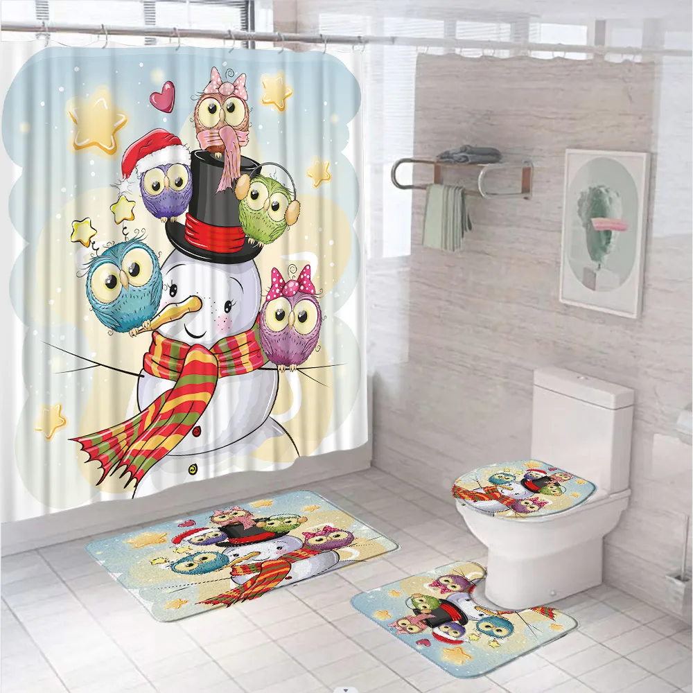 

Cute Cartoon Owl Snowman Shower Curtain Set Christmas Decor Xmas Bathroom Kids Winter Bath Mat Non Slip Rug Carpet Toilet Cover