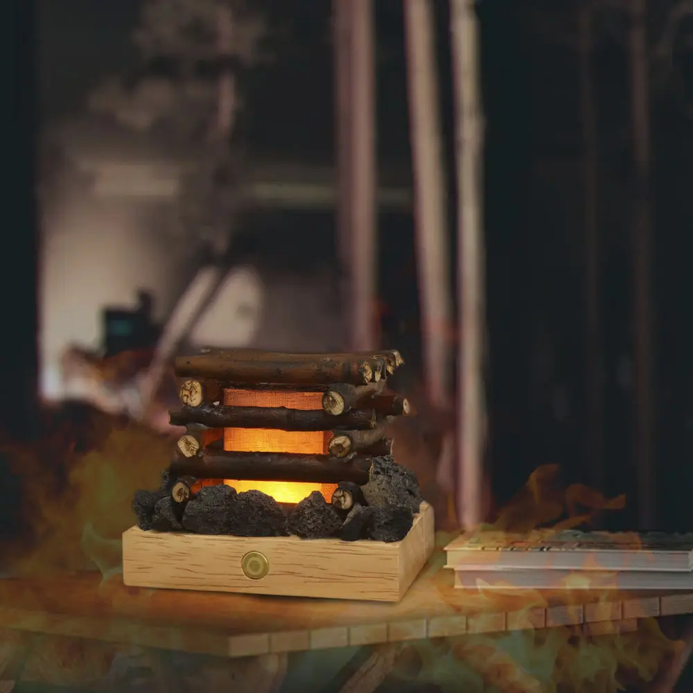 Creative Campfire Night Light Wooden Base Desk Atmosphere Lamp Warm Ambient Glow White Noise Relaxing Aid For Home Bedroom Decor