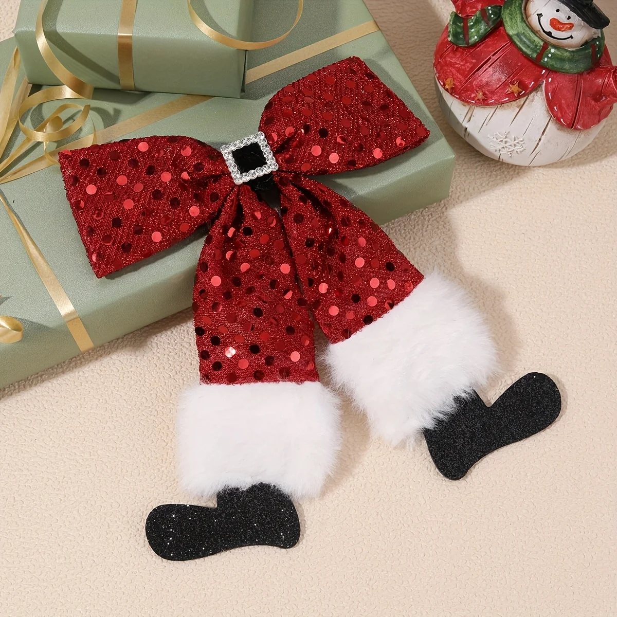 Pinza para el pelo con lazo rojo navideño para fiesta, pinza para el pelo con lazo temático de cinturón y zapatos de Papá Noel, accesorio para el pelo con lazo grande para Navidad