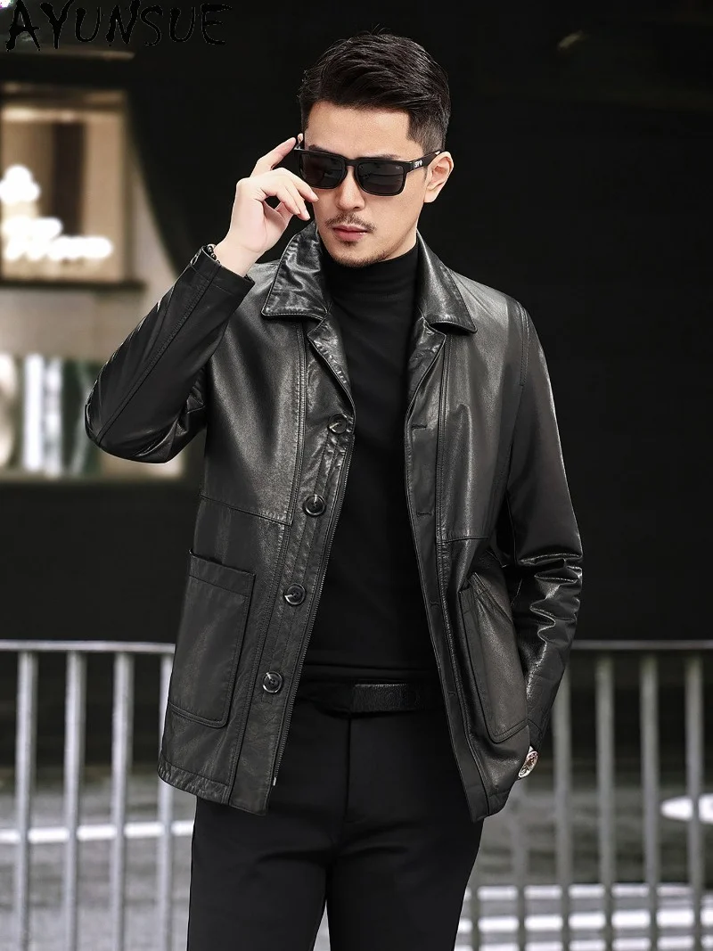 AYUNSUE 2026 Autumn Winter First Layer Cowhide Genuine Leather Jacket Men Mid-length Cargo Style Real Leather Trench Coat Trend