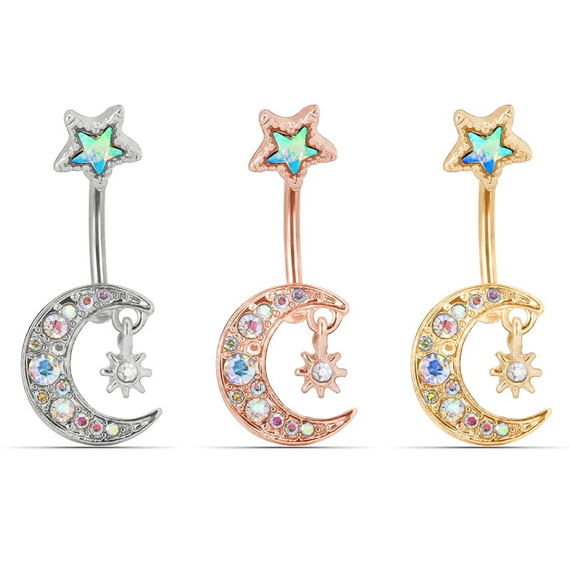Anillo de ombligo de cristal con forma de luna y estrella de acero inoxidable, accesorios de joyería para Piercing de uñas