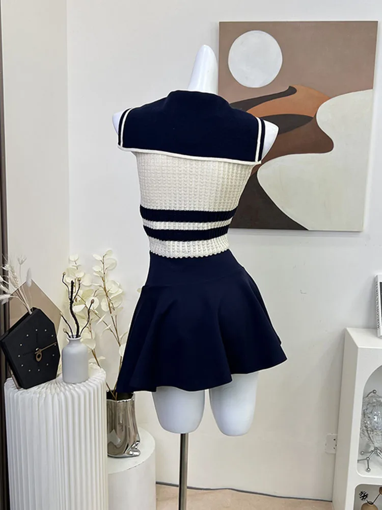 High Street Fashion 2 Piece Skirt Set Gyaru Sailor Collar Striped Shirts Sleeveless Cozy + Navy High Waist A-Line Skirt Elegant