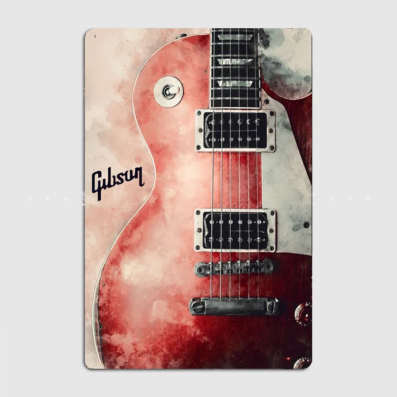 Red Watercolor Gibson  Metal Plaque Pub Painting Wall Mural Printed Sign Tin Sign Poster