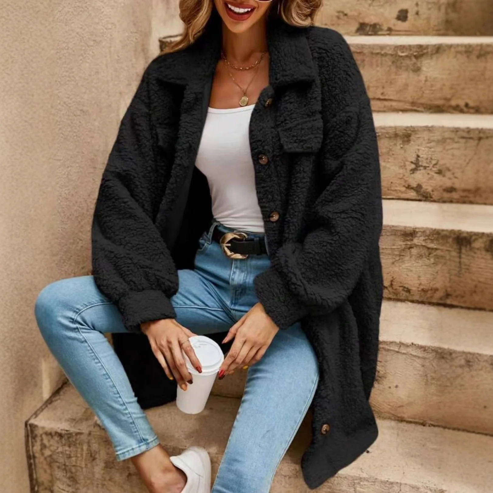 2025 New Fashion Button Plush Long Coat Women Winter Casual Loose Solid Color Lapel Sleeve Cardigan Jacket For Women