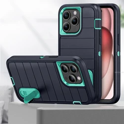 Luxury Shockproof Holder Phone Case For iPhone 15 16 Pro Max 14 13 12 11 Three Layer Protection Stripe Bracket Hybrid Back Cover