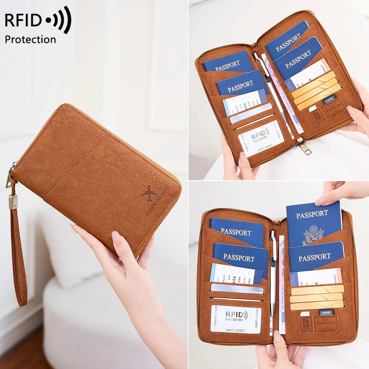 

Long RFID Anti-Magnetic Passport Holder Travel Tiet Storage Document Organizer Zipper Functionali Leather PU Material