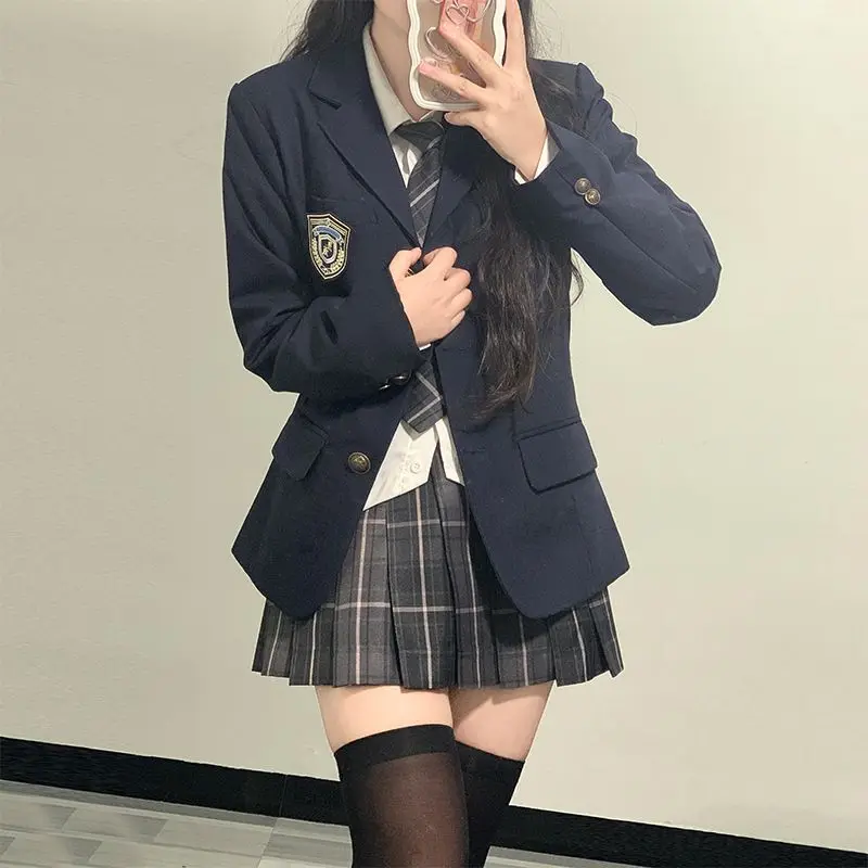 Uniforme Escolar Japonês para Mulheres e Meninas, Terno JK, Laço Blazer Longo, Saia Xadrez, Camisa Branca, Medalha, Sexy, Primavera e Outono, Medalha, 5 peças