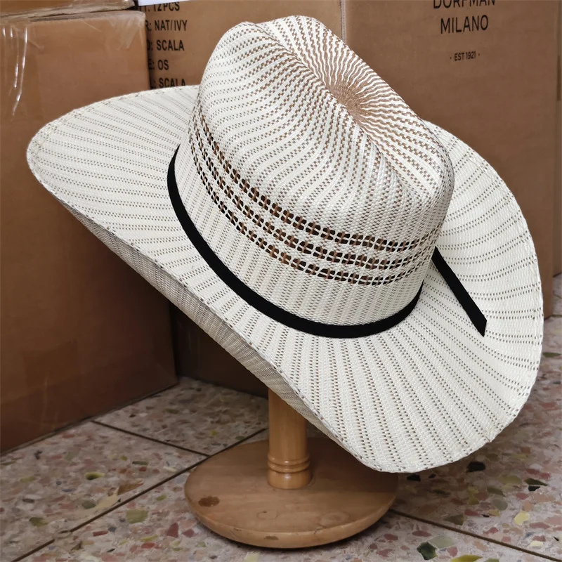 Two Tone Cowboy Hat Western Cowboy Straw Hats For Men Women Vintage Curled Wide Brim Cowgirl Hats Outdoor Summer Sunshade Hat
