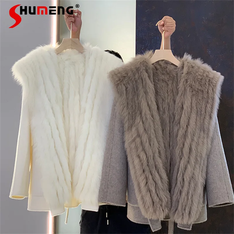 

Fashion 2023 Winter New Mid-Length Hooded Fox Fur Vest Reversible Cashmere Coat Women's Two-Piece Detachable Woolen Coats