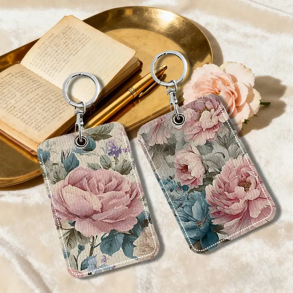 Pink Flowers PU Soft Leather Rectangular Keychain Card Holder, Badge Student ID Bus Elevator Card Protector, Fashion Accessory