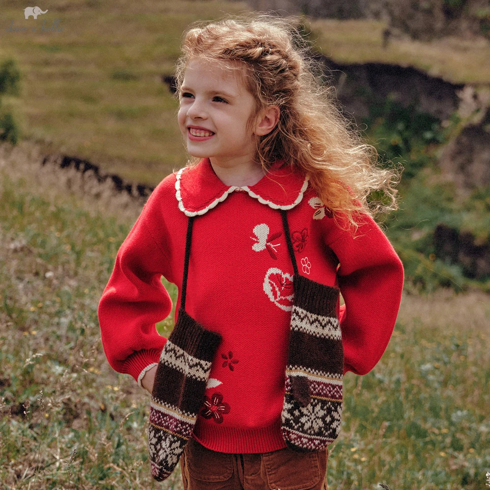 Dave Bella Children Jacquard Knitwear Sweater Children Aged 6-12 Girls Long Sleeve Knitted Pullover Tops Kids Clothes DK4264494